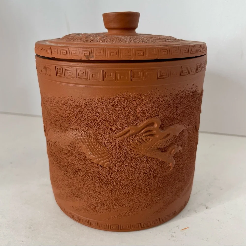Japanese Tokoname Redware Flying Dragon in Cloud Covered Pot Jar 5 1/2